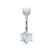 14k white gold navel ring with dual moonstone gems showing blue flash, front view