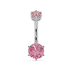 14k white gold belly ring with dual pink mystic topaz gems in six-prong settings, front view
