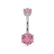 14k white gold belly ring with dual pink mystic topaz gems in six-prong settings, front view