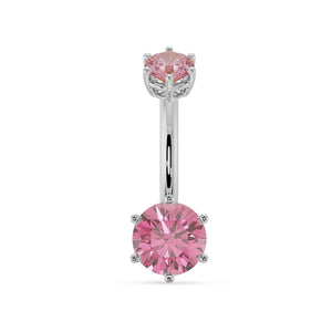 14k white gold belly ring with dual pink mystic topaz gems in six-prong settings, front view