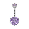 14k white gold navel ring with 8mm round amethyst in six-prong setting, front view