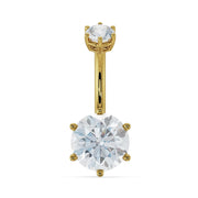 14k yellow gold belly ring with large 8mm round moissanite in six-prong setting, front view