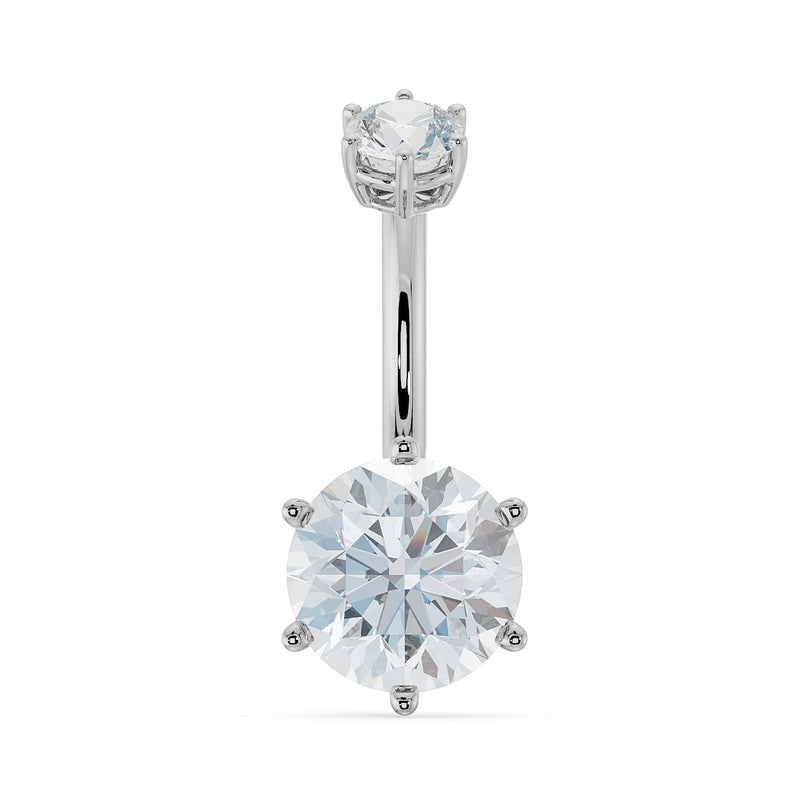 14k white gold belly ring with 8mm round moissanite in six-prong setting, bright sparkle front view