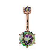 14k rose gold belly ring with 8mm mystic topaz showing green-purple multicolor stone, front view