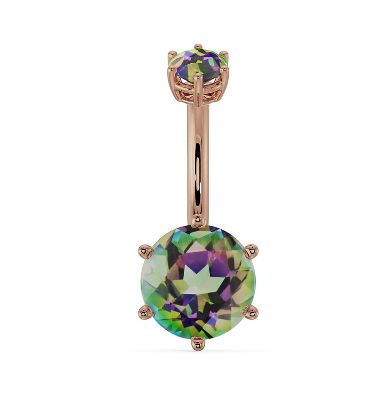 14k rose gold belly ring with 8mm mystic topaz showing green-purple multicolor stone, front view