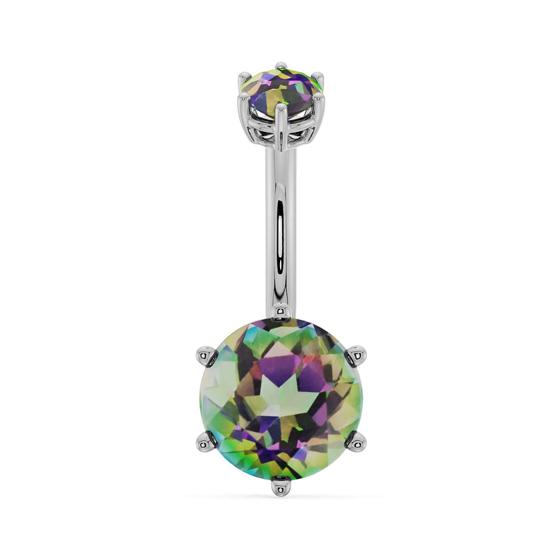14k white gold navel ring with 8mm mystic topaz showing green-purple multicolor brilliance, front view