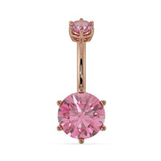 14k rose gold navel ring with 8mm round pink mystic topaz in six-prong setting, front view