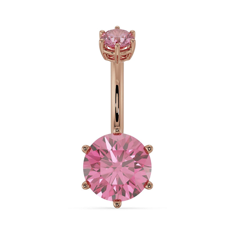14k rose gold navel ring with 8mm round pink mystic topaz in six-prong setting, front view