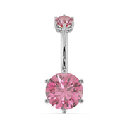 14k white gold belly ring with 8mm round pink mystic topaz in six-prong setting, front view