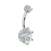 Side profile of 14k white gold Astra II belly ring with moissanite showing curved barbell and prong depth
