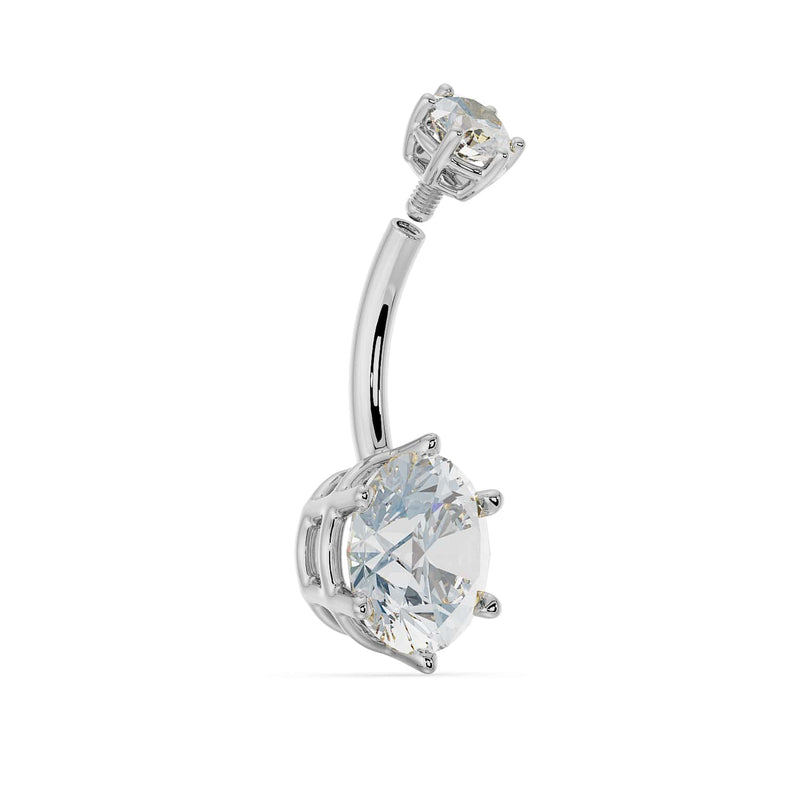 Side profile of 14k white gold Astra II navel ring with moissanite showing internally threaded top ball