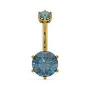 14k yellow gold navel ring with 8mm blue topaz round gem in six-prong setting, front view