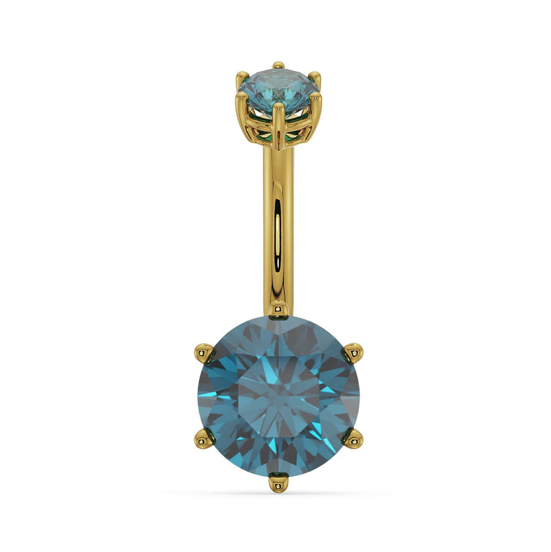 14k yellow gold navel ring with 8mm blue topaz round gem in six-prong setting, front view