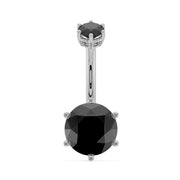 14k white gold belly ring with bold 8mm round black onyx in six-prong setting, front view