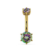 14k yellow gold belly ring with dual mystic topaz gems showing iridescent green-purple color, front view