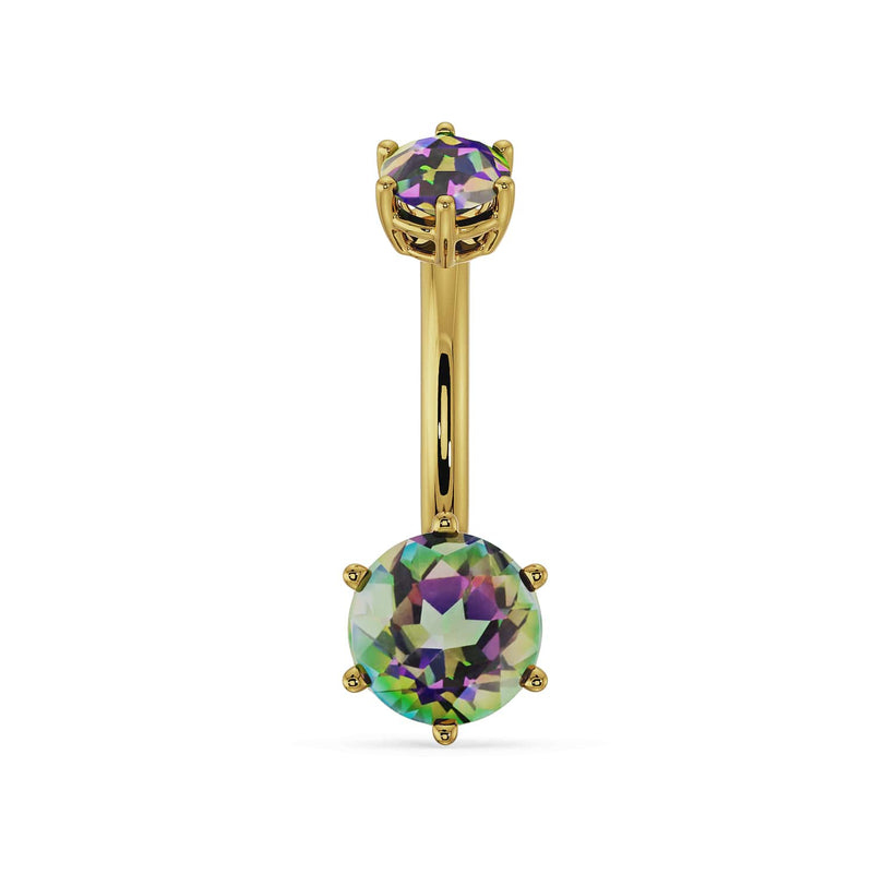 14k yellow gold belly ring with dual mystic topaz gems showing iridescent green-purple color, front view
