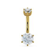 14k yellow gold belly ring with dual moissanite stones in six-prong settings, front view