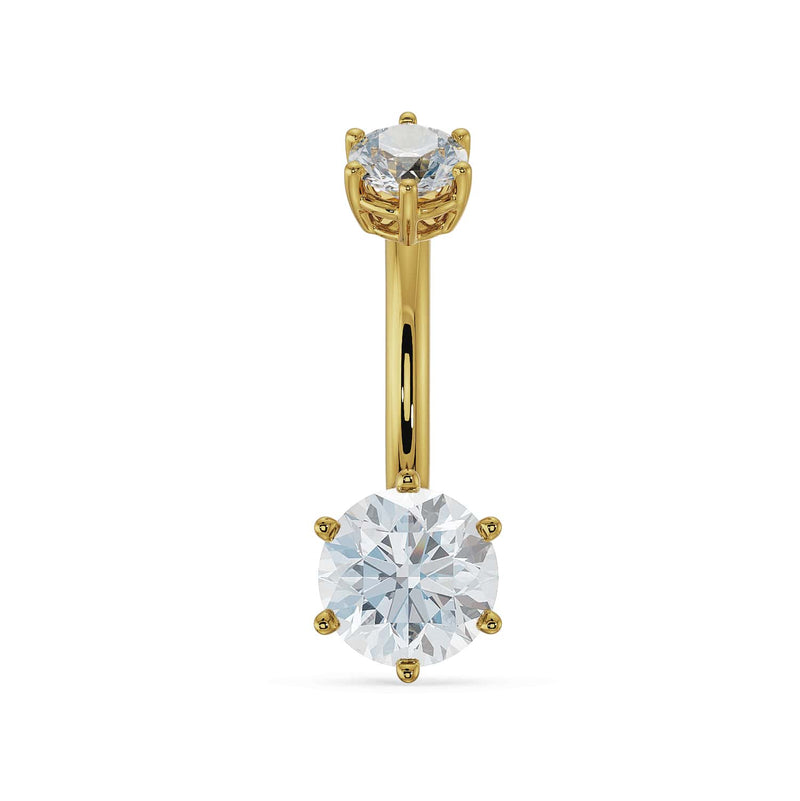 14k yellow gold belly ring with dual moissanite stones in six-prong settings, front view