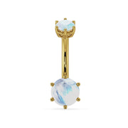 14k yellow gold navel ring with dual moonstone gems showing blue adularescence, front view