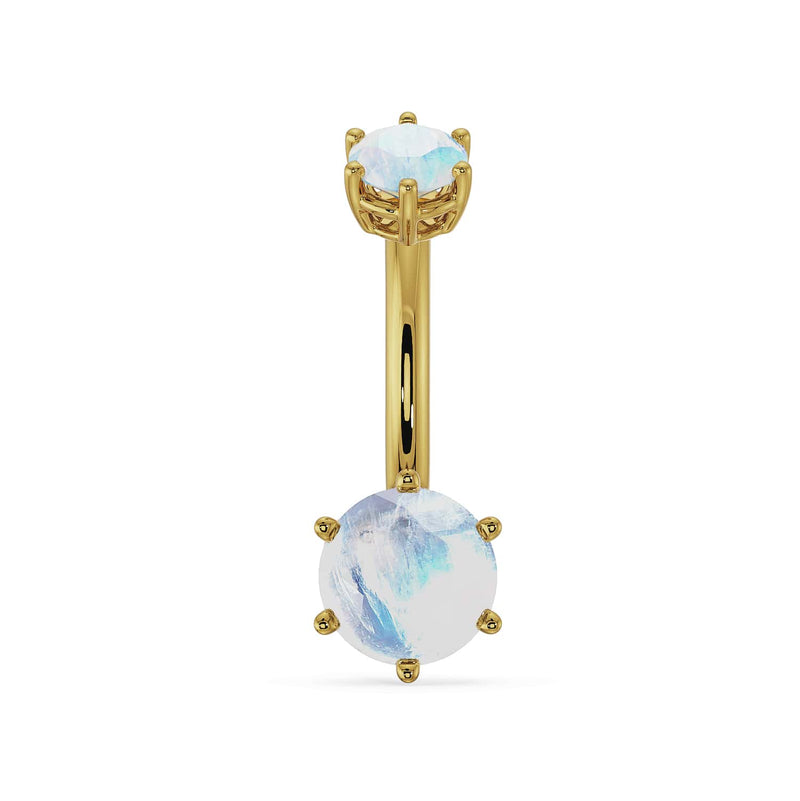 14k yellow gold navel ring with dual moonstone gems showing blue adularescence, front view