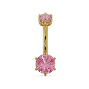 14k yellow gold belly ring with dual pink mystic topaz gems in six-prong settings, front view
