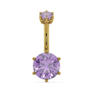 14k yellow gold belly ring with 8mm round amethyst stone in six-prong setting, front view