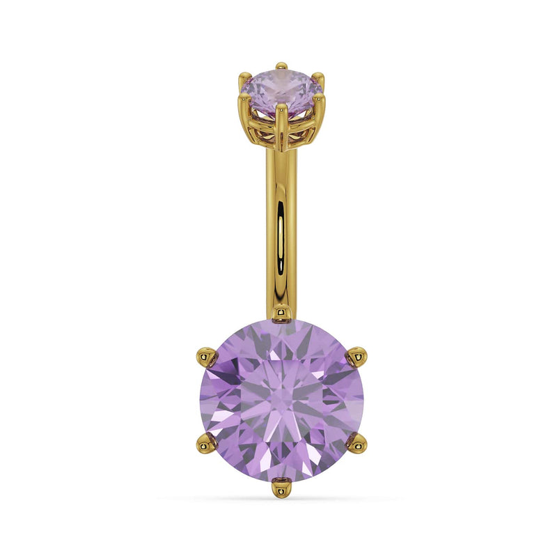 14k yellow gold belly ring with 8mm round amethyst stone in six-prong setting, front view