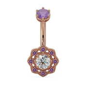 14k rose gold Celtic navel ring with amethyst top stone and diamond center in ornate filigree floral charm