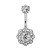 14k white gold Celtic belly ring with all-white diamond CZ stones and milgrain filigree flower charm, front view