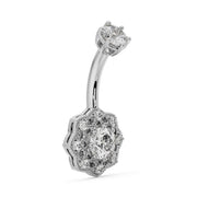 Angled side view of 14k white gold Celtic belly ring showing curved barbell and diamond filigree dangle depth