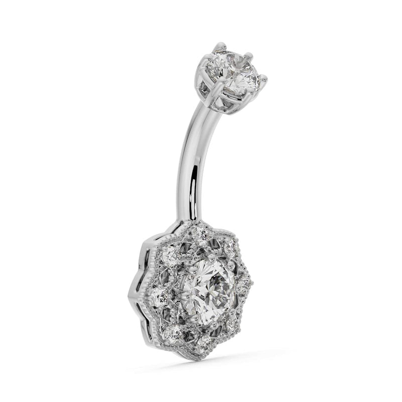 Angled side view of 14k white gold Celtic belly ring showing curved barbell and diamond filigree dangle depth