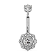 14k white gold Celtic belly ring with diamond and CZ stones, front view showing screw-top barbell detail