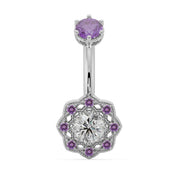 14k white gold Celtic navel ring with amethyst top stone and diamond center in ornate filigree flower dangle