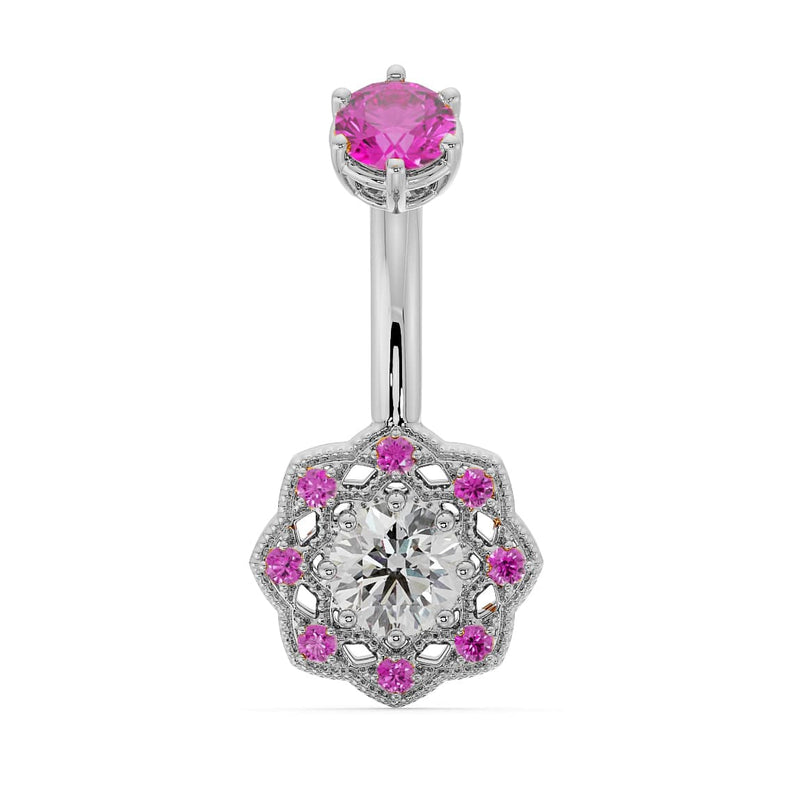 14k white gold Celtic belly ring with pink sapphire top stone and diamond center in milgrain filigree charm