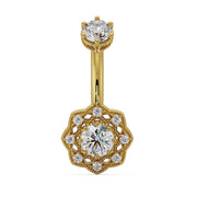 14k yellow gold Celtic navel ring with all-white CZ stones in milgrain filigree flower dangle, front view