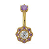 14k yellow gold Celtic belly ring with amethyst top stone and diamond center in filigree floral dangle