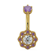 14k yellow gold Celtic belly ring with amethyst top stone and diamond center in filigree floral dangle