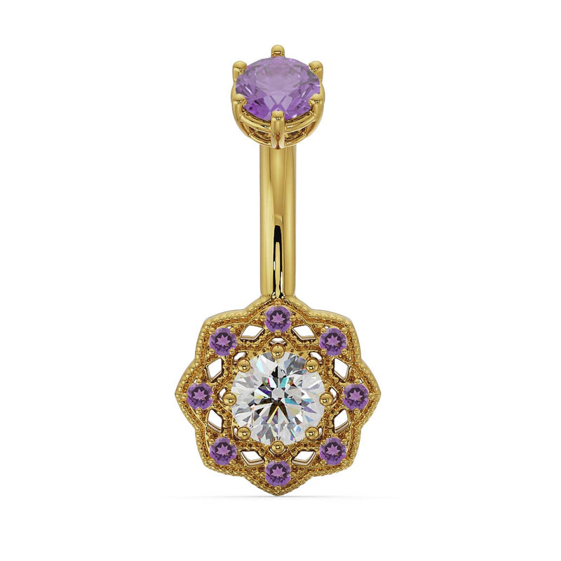 14k yellow gold Celtic belly ring with amethyst top stone and diamond center in filigree floral dangle