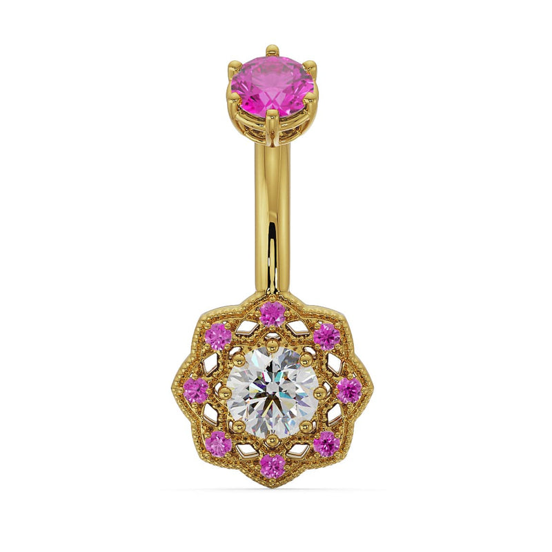 14k yellow gold Celtic navel ring with pink sapphire top stone and diamond center in filigree floral charm