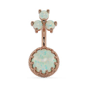 14k rose gold opal navel ring with crown-bezel bottom and three opal top stones, front view