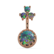 14k rose gold black opal navel ring with green and purple flash stones in crown setting, front view