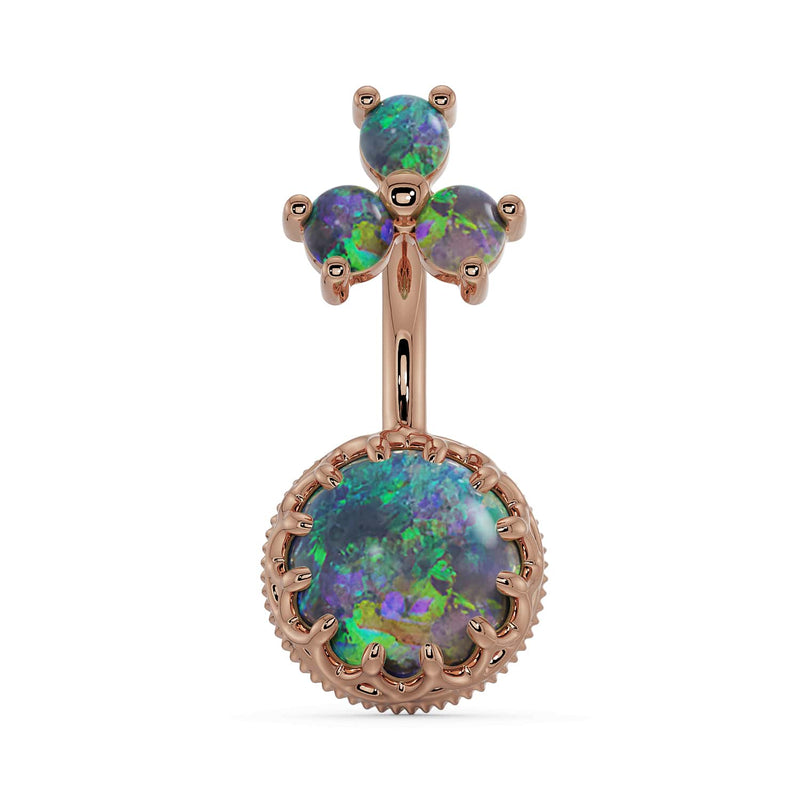 14k rose gold black opal navel ring with green and purple flash stones in crown setting, front view
