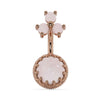 14k rose gold rose quartz belly ring with crown-bezel bottom gem and soft pink trio top, front view