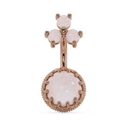 14k rose gold rose quartz belly ring with crown-bezel bottom gem and soft pink trio top, front view