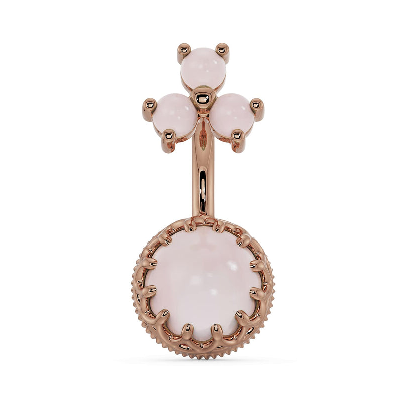 14k rose gold rose quartz belly ring with crown-bezel bottom gem and soft pink trio top, front view