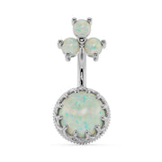 14k white gold opal navel ring with crown-bezel bottom and three-stone top cluster, front view