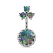 14k white gold black opal belly ring with multicolor flash in crown setting, front view