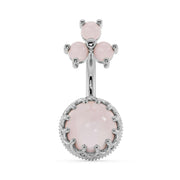 14k white gold rose quartz navel ring with crown-bezel bottom gem and trio top stones, front view