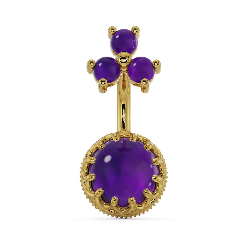 14k yellow gold amethyst navel ring with crown-bezel bottom gem and trio top, front view