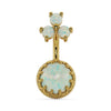 14k yellow gold opal belly ring with crown setting and trio top gems, front view